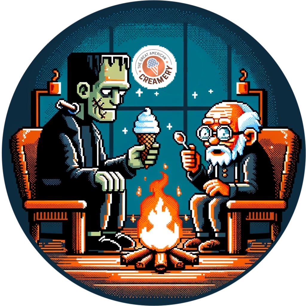 Frankenstein's monster shares an ice cream with an old man in a cabin by the fire