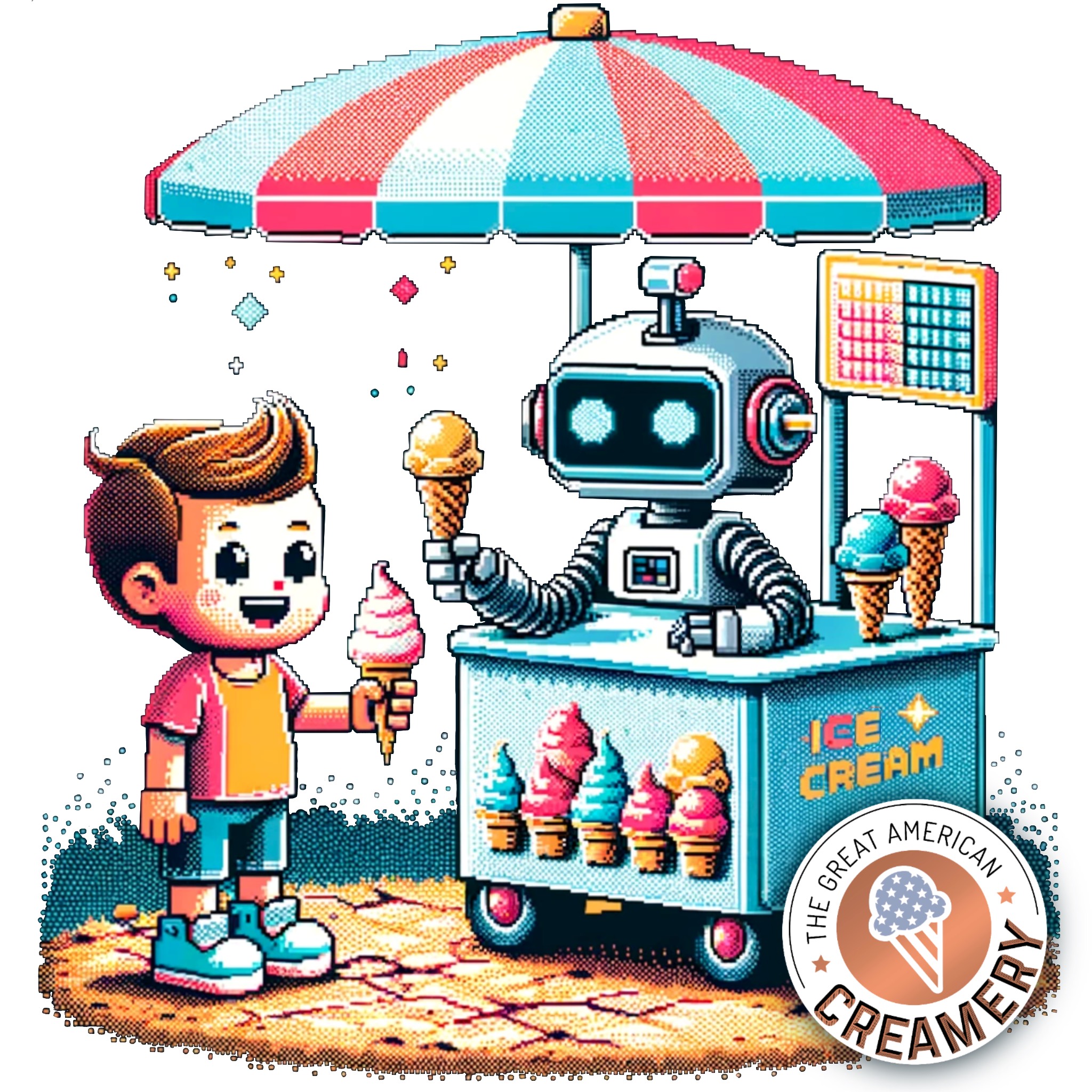 An ice cream cart robot serves ice cream to a smiling young boy