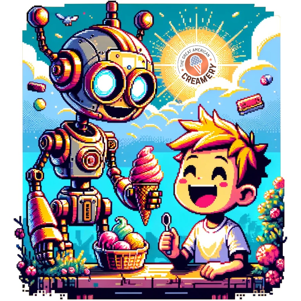 A futuristic robot hands an ice cream cone to an eagerly awaiting seated boy
