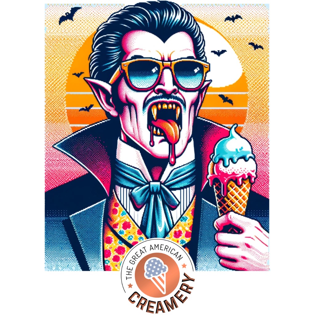 A vampire wearing sunglasses enjoys an ice cream cone at dusk